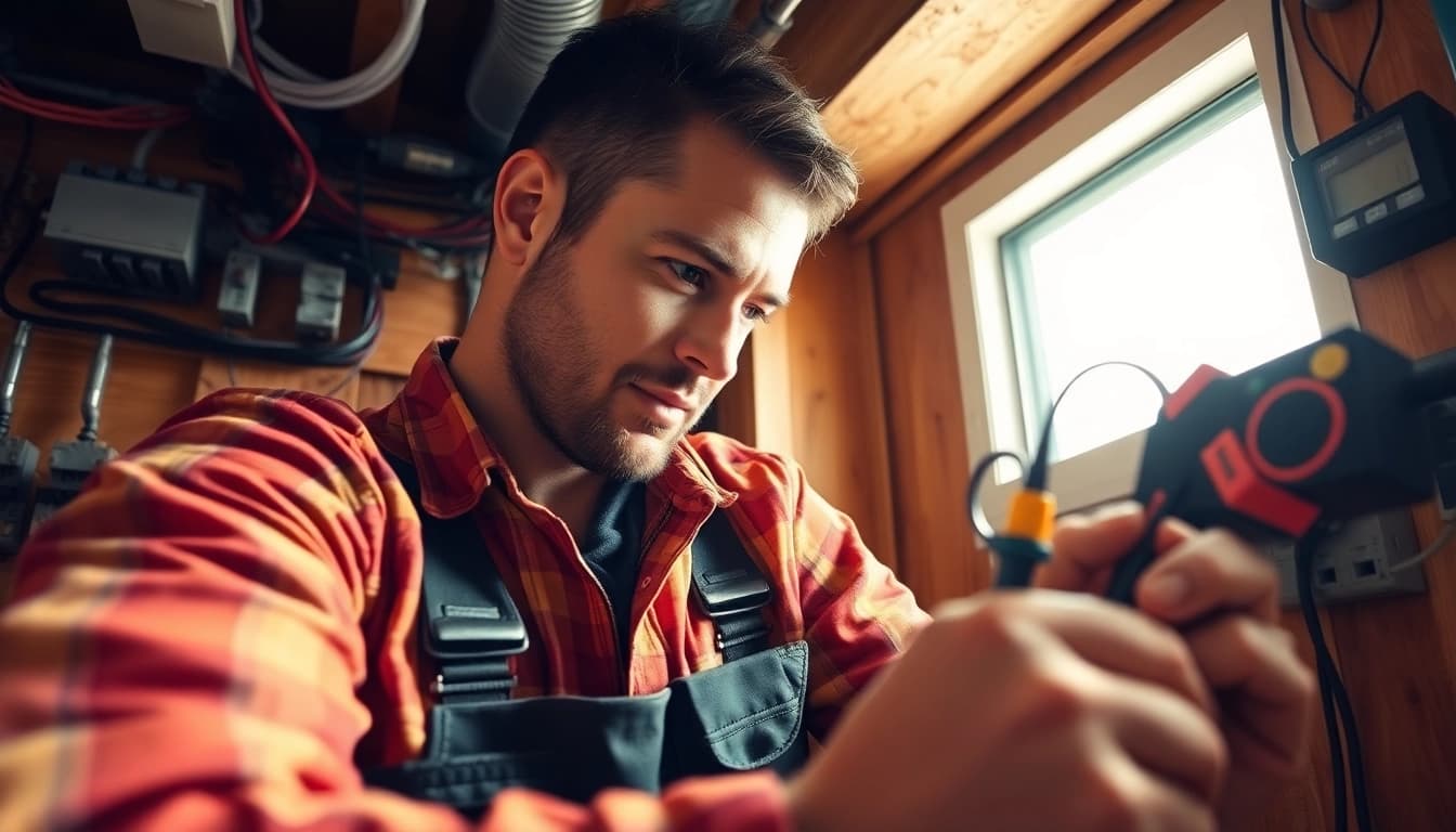 Electrician Vancouver working on residential electrical system with tools and focused expression.