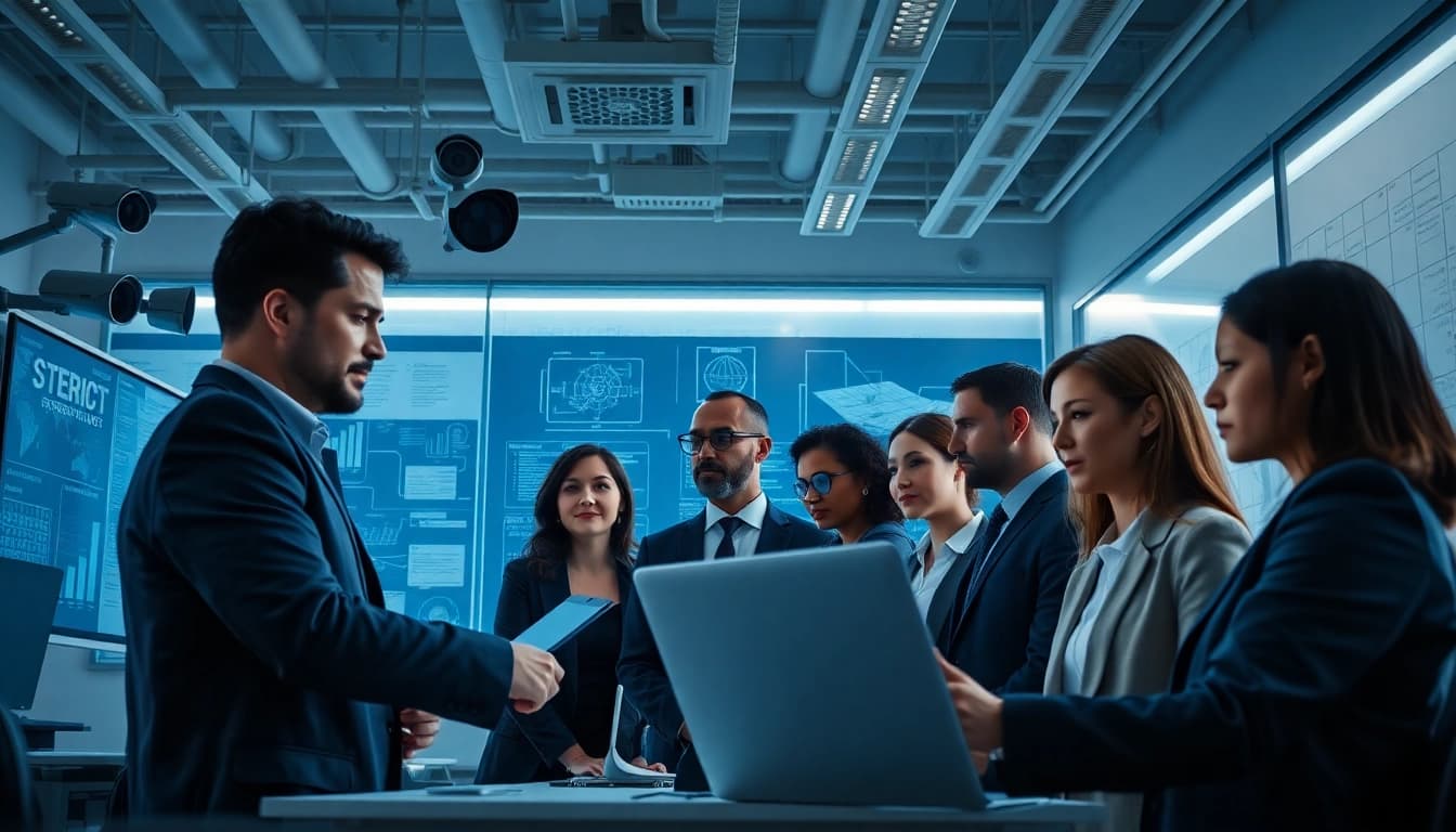 Security agency team collaborating on advanced surveillance strategies in a modern office.