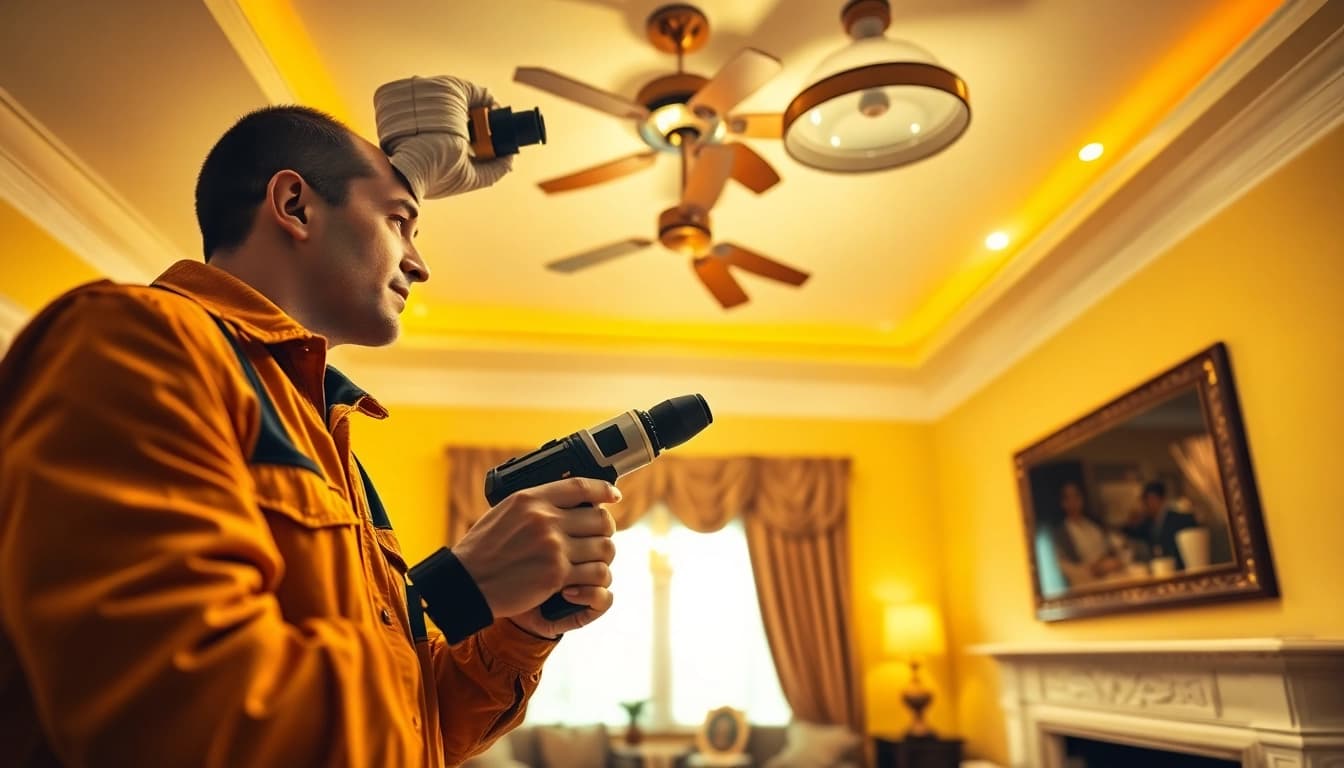 Residential electrician Burnaby installing ceiling lights with precision and care.