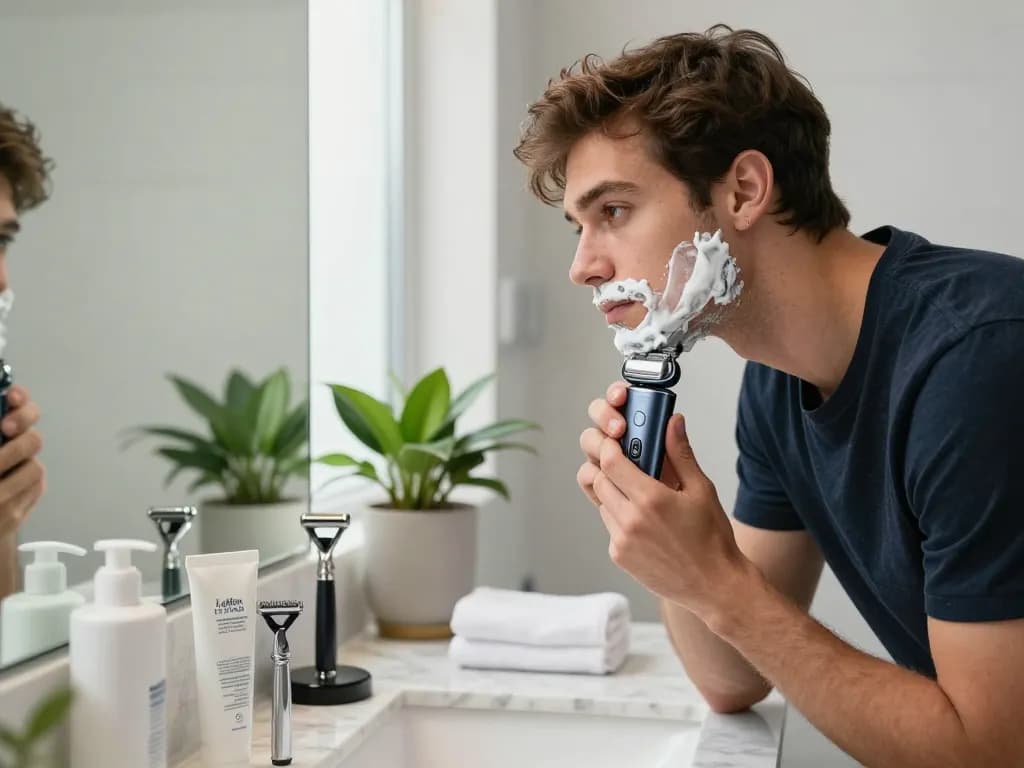 Young man using a Laifen shaver for a smooth grooming experience in a modern bathroom.