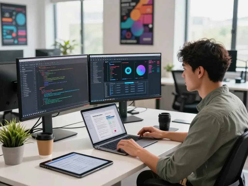 Software engineer at https://thscrore.app/ coding in a modern office with multiple screens, coffee, and plants.