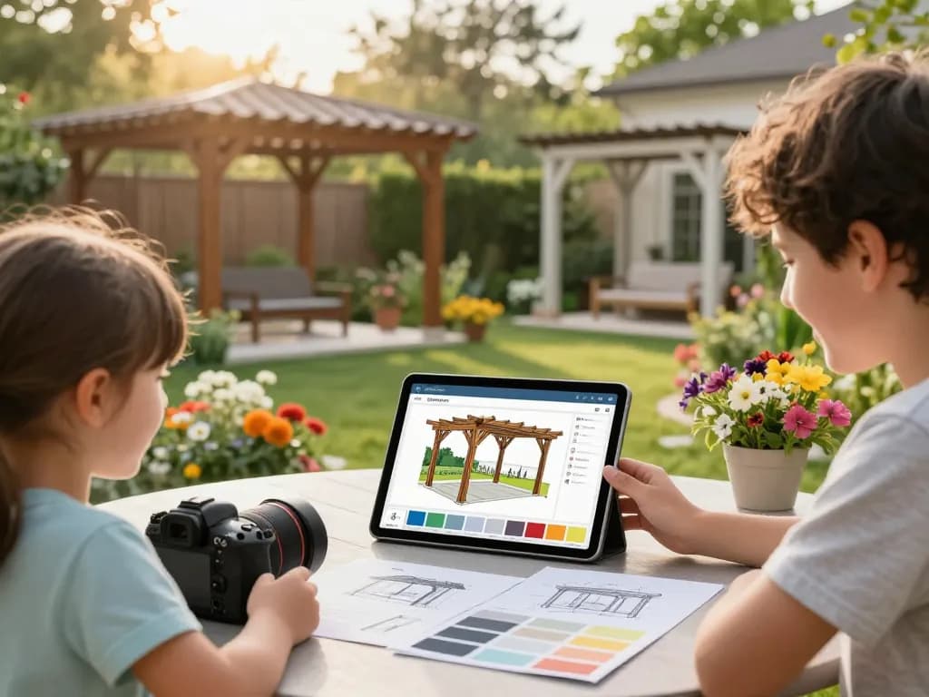 Family using 3D Pergola Configurator in a beautiful garden, exploring design options.