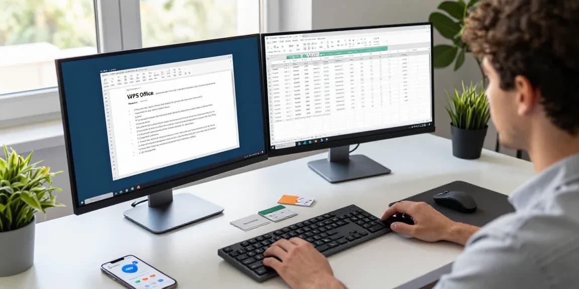 WPS Download interface on dual monitors enhancing productivity in a modern office