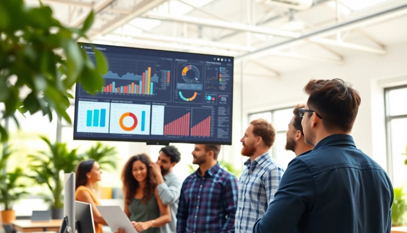 Visualize supply chain planning software being utilized by a diverse team in a modern office.