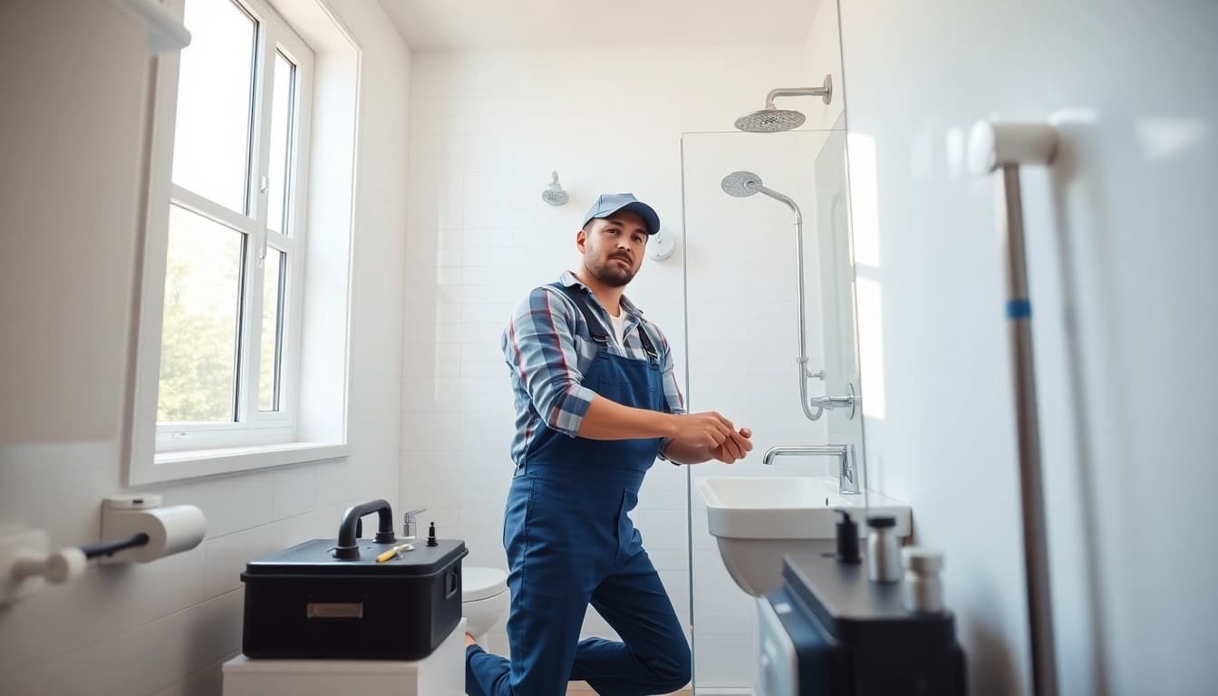 Plumber repairing fixtures showcasing north shore plumbing and heating expertise in a bright bathroom.