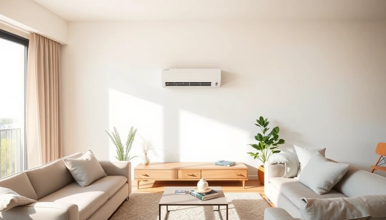 Showcasing a daikin mini split ac unit seamlessly integrated into a stylish living room.