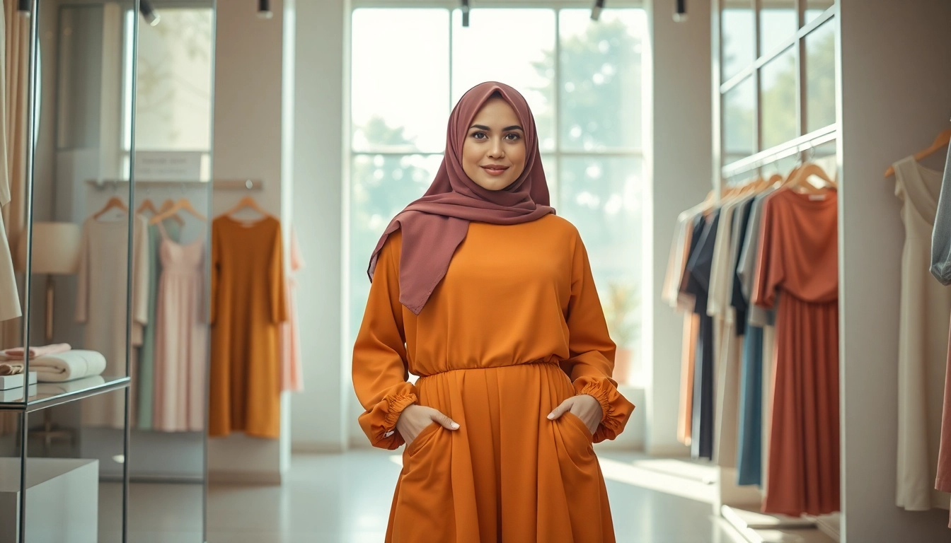 Showcasing a stylish modest clothing manufacturer collection in a bright storefront setting.