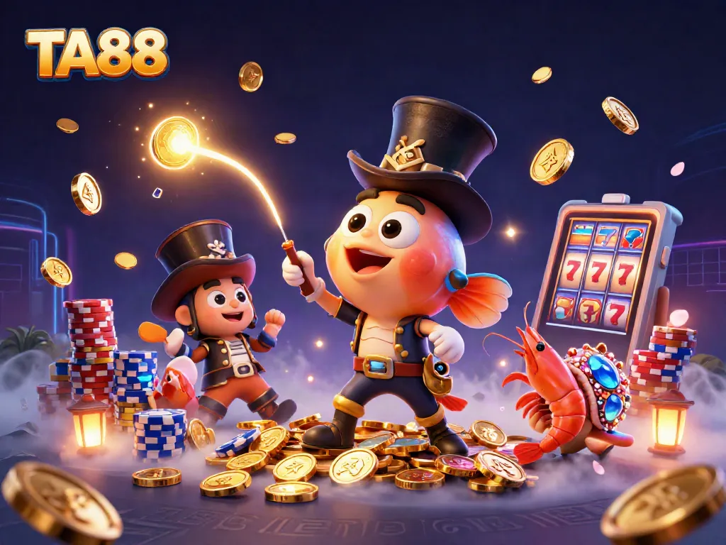 Engage with TA88 to win golden coins in this dynamic casino scene featuring a whimsical deep-sea anglerfish.