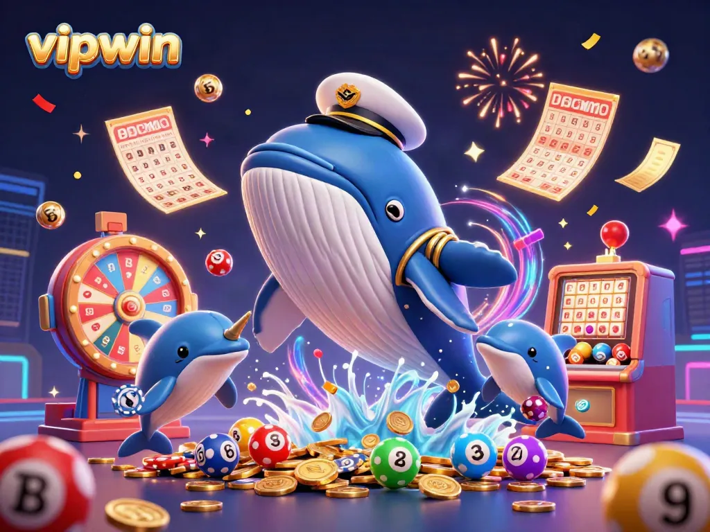 Experience excitement with vipwin at this vibrant illustration of a casino adventure featuring a whale and playful dolphins.