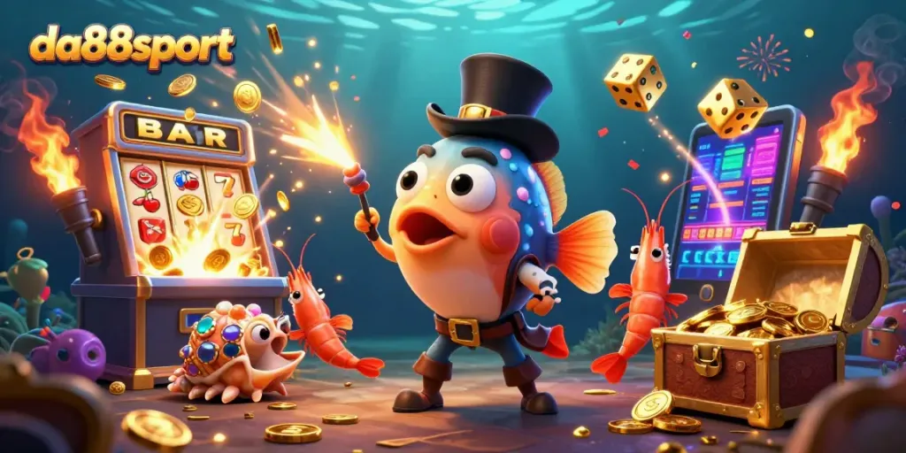 Engage with da88sport through an exciting underwater casino adventure featuring glowing characters and vibrant game elements.