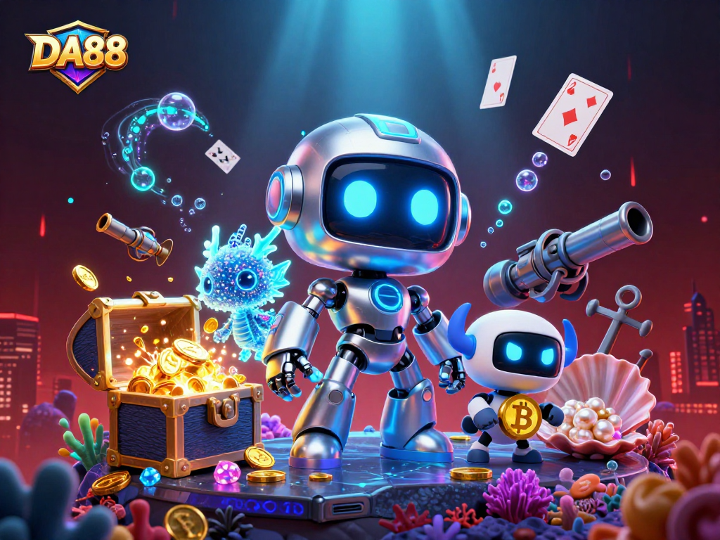 Experience the thrill of DA88 slots with an exciting futuristic casino scene featuring a chrome robot, dragon, and drone.
