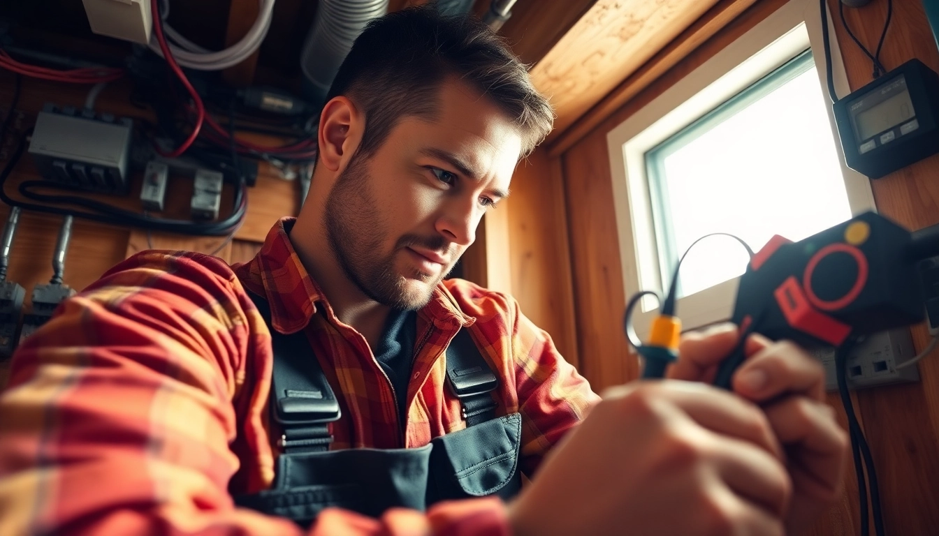 Electrician Vancouver working on residential electrical system with tools and focused expression.
