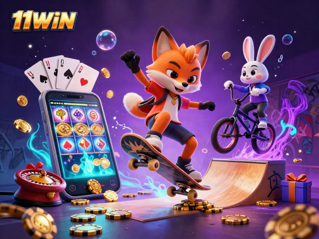 Engage with 11WIN's vibrant gambling scene showcasing dynamic characters and games.