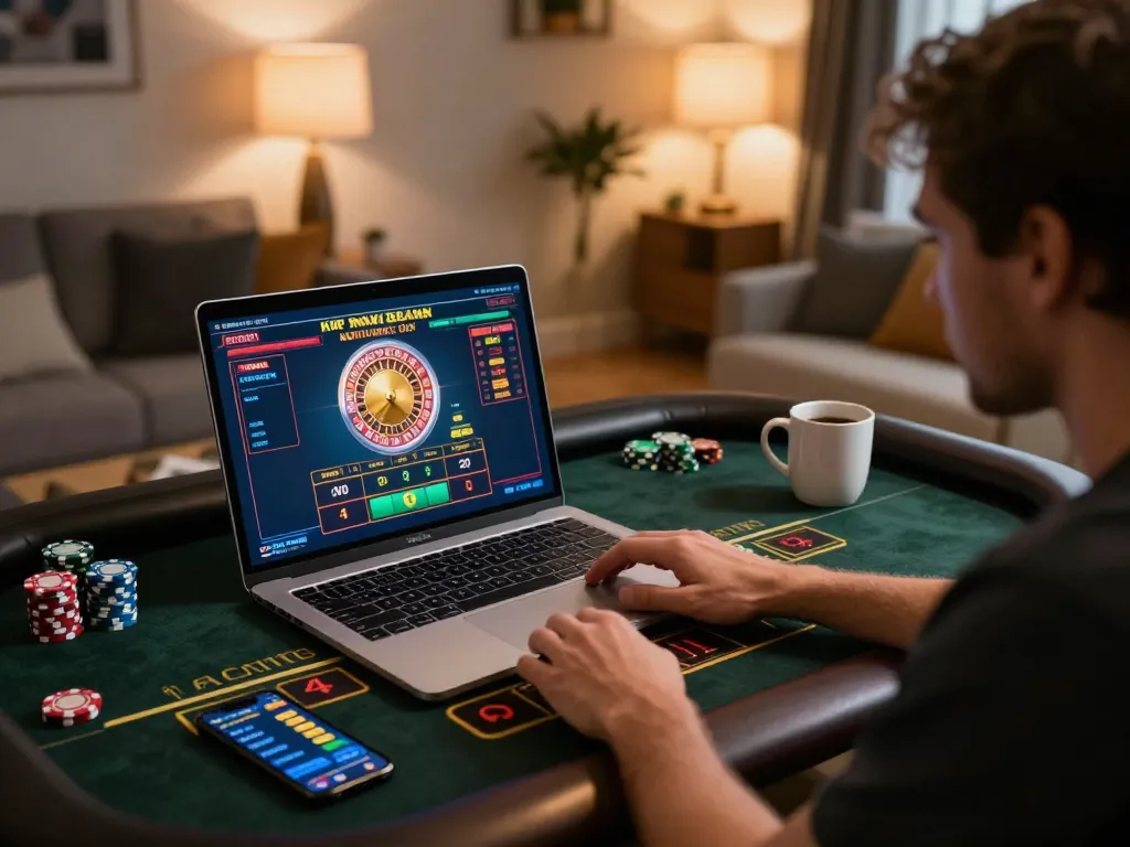 Player enjoying CM88 online roulette game at home, showcasing engaging bets and strategic gaming setup