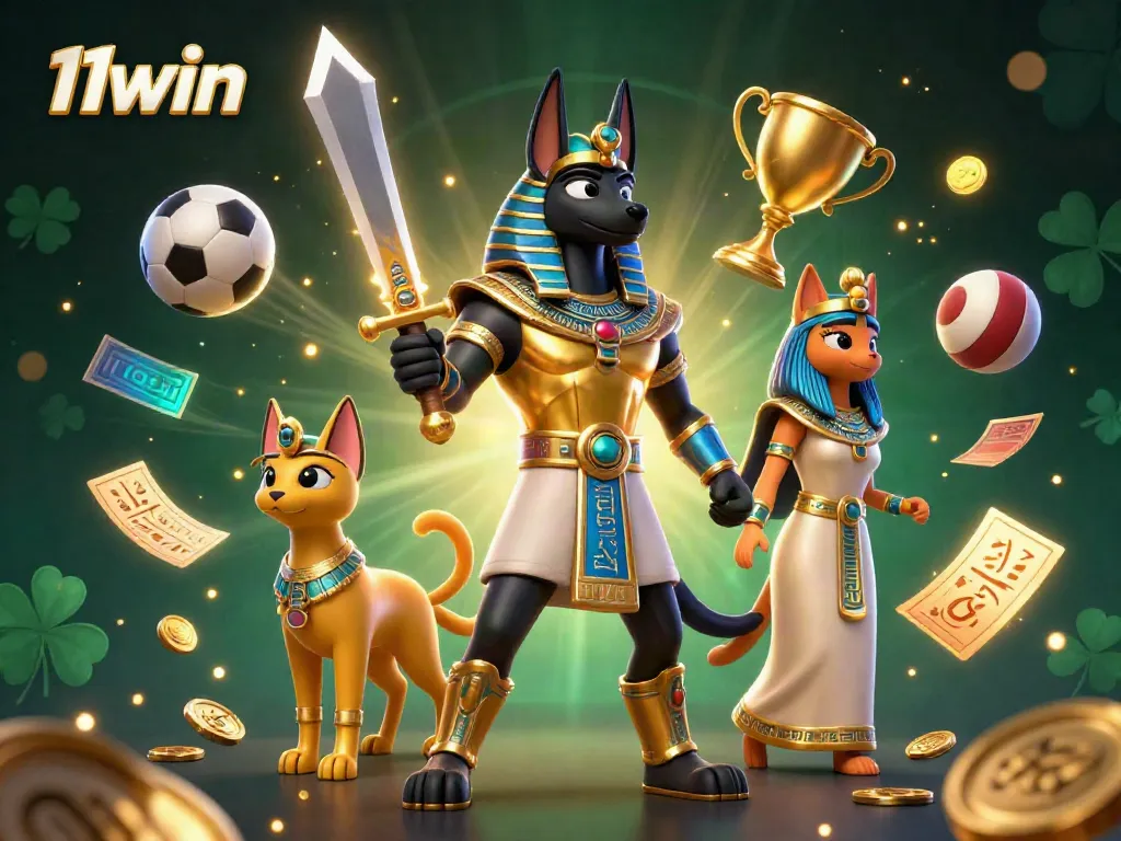 Bet on thrilling games with 11win: vibrant scene featuring Anubis and sports balls.
