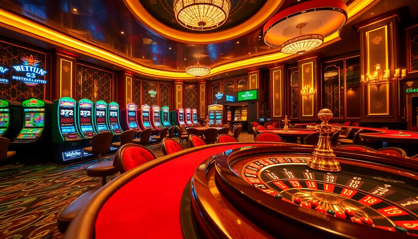 Experience the thrilling atmosphere of 33win com casino with vibrant gaming elements including a roulette wheel and poker table.