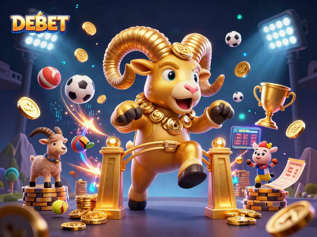 DEBET showcases exciting sports betting action with animated characters and dynamic elements.