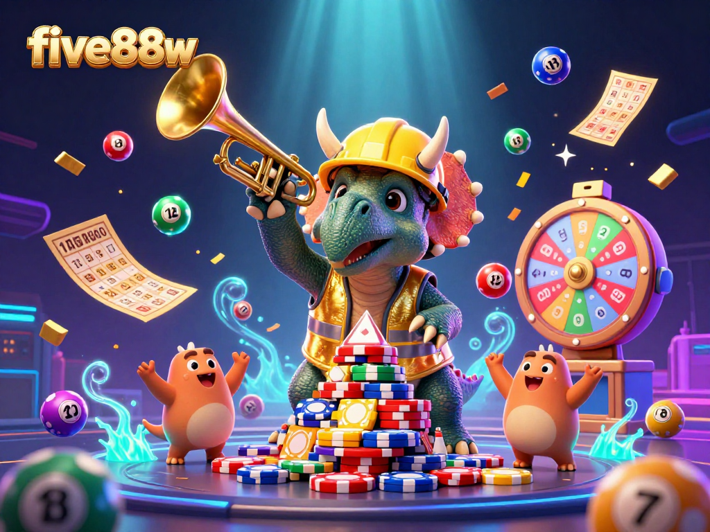 Experience vibrant excitement at five88w with cartoon dinosaurs celebrating a poker chip pyramid.
