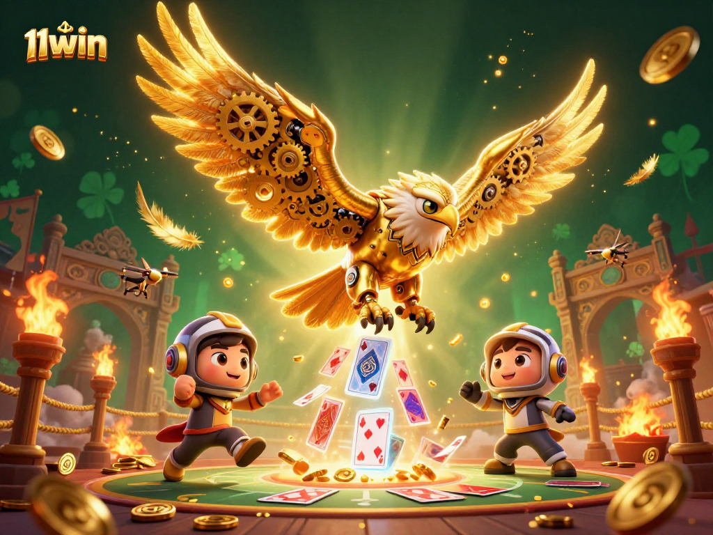 Join the excitement at 11WIN as a golden eagle dives through holographic cards in a vibrant casino scene.