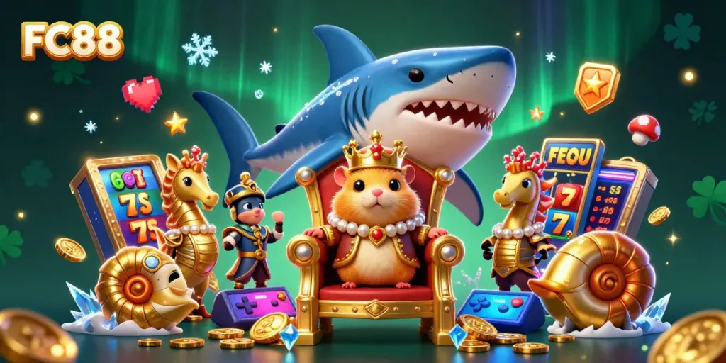 FC88's golden hamster king leads a vibrant casino adventure surrounded by slot machines and riches.