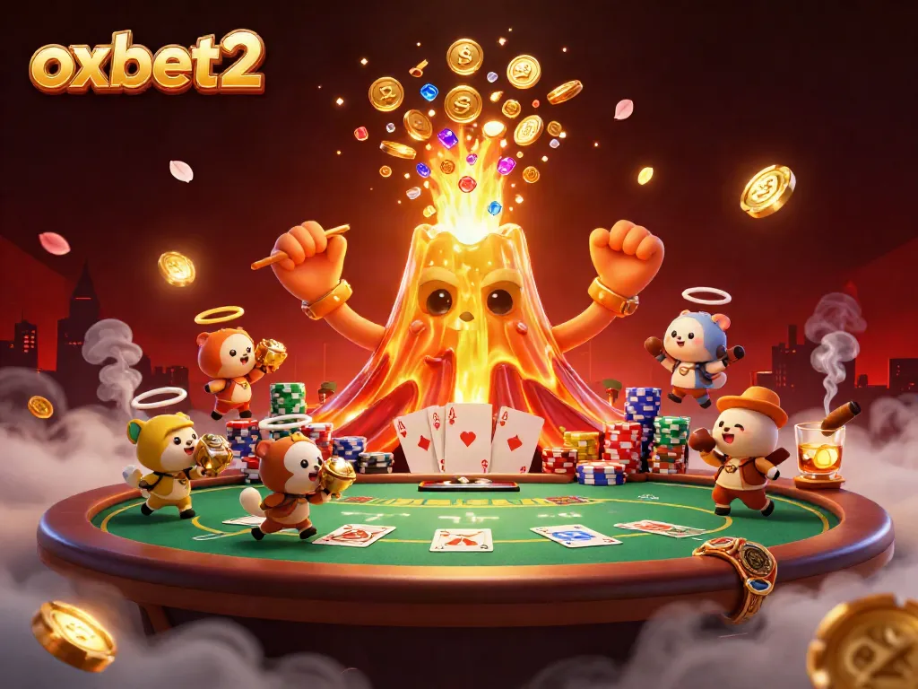 Engage with the thrilling world of oxbet2 at this vibrant casino scene featuring a golden volcano and poker elements.