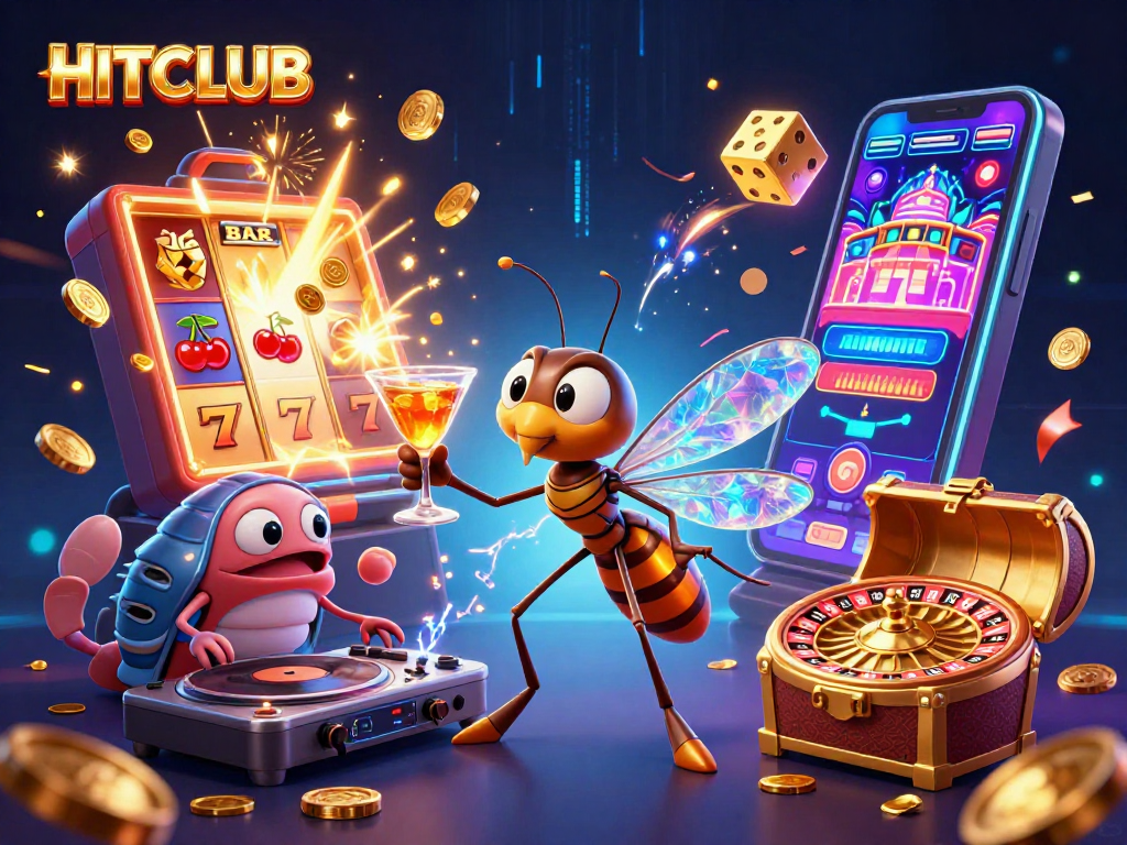 Experience the vibrant action at HITCLUB with characters celebrating a casino atmosphere, surrounded by gambling excitement.