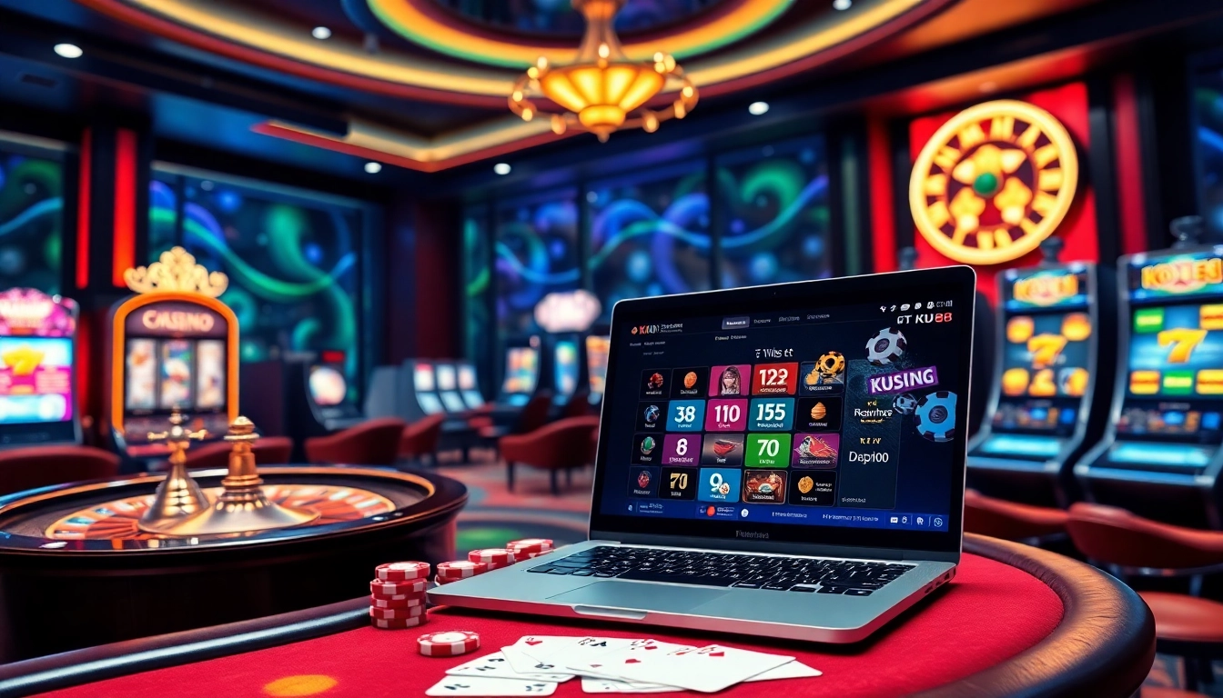 Experience thrilling games at Cổng game Ku88 with vibrant casino visuals, exciting roulette, and poker ambience.