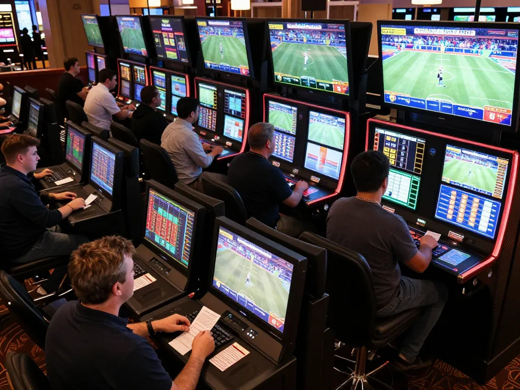 Exciting sports betting action at O8 hair venue with bettors engaged in strategies