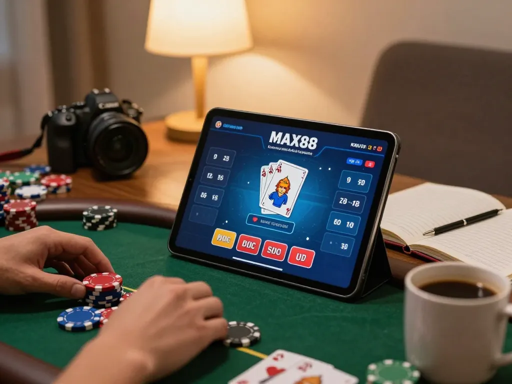 Engaging gameplay at MAX88 with poker on tablet and betting strategy notes