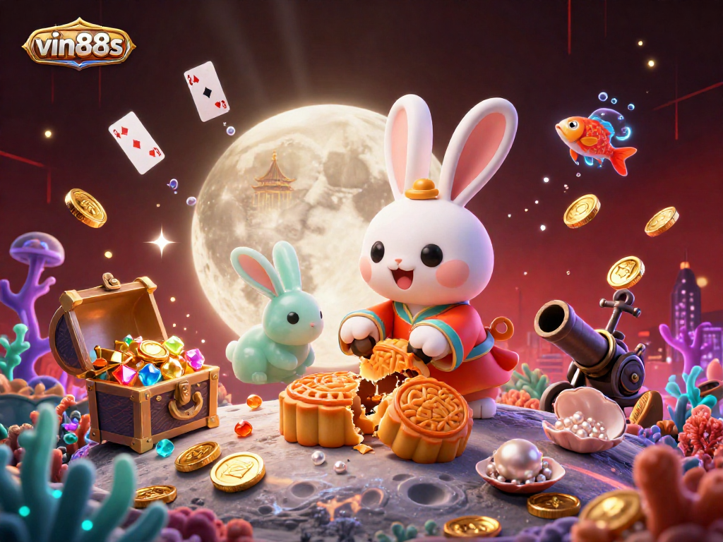 Engage in thrilling gameplay with vin88s featuring a moon rabbit and poker chips in a vibrant scene.