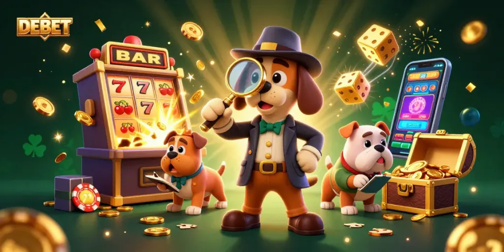 Engage with DEBET's thrilling casino adventure featuring a detective scene with slot machines and golden treasures.