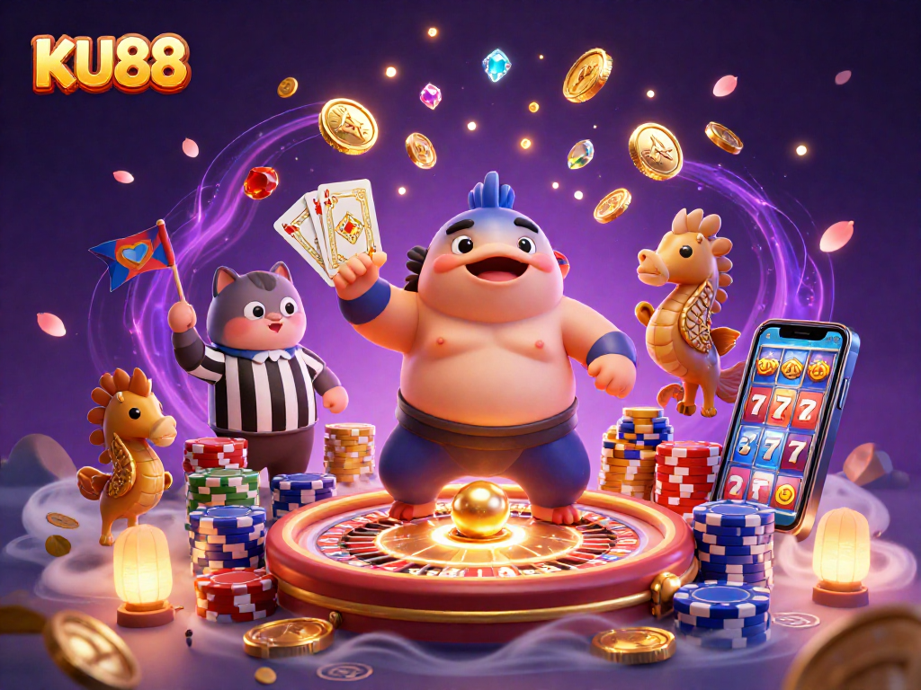 Experience KU88's vibrant underwater casino world with a fugu sumo and catfish referee.