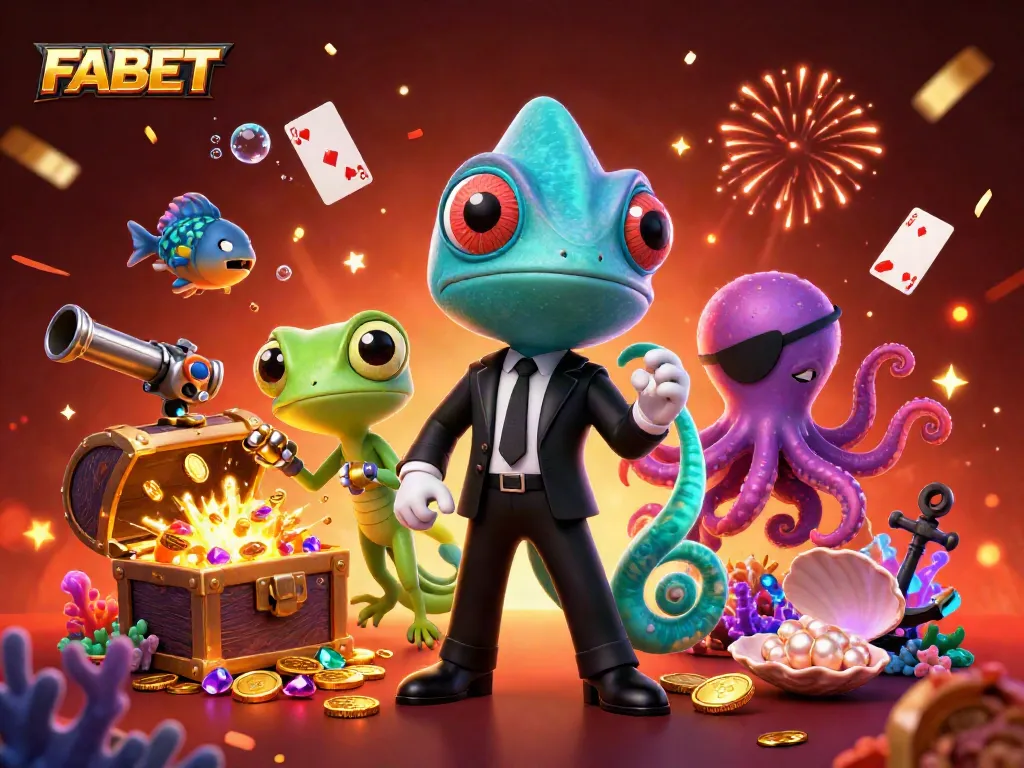 Engage in thrilling games at FABET with colorful characters and casino elements bursting with excitement.