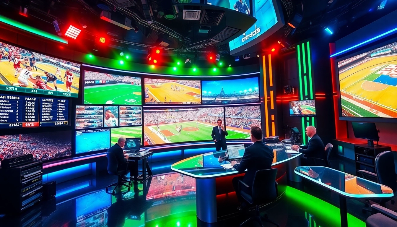 Experience engaging Sports Broadcasting in a lively studio with dynamic commentaries and vibrant visuals.