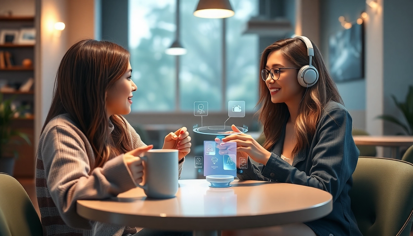 Engaging interaction with an AI girlfriend in a futuristic cafe setting showcasing girlfriend ai features.