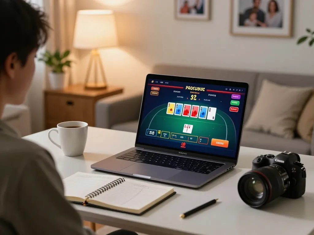 Cổng game Red88 showcases online poker gameplay with strategic notes in a cozy home setup.