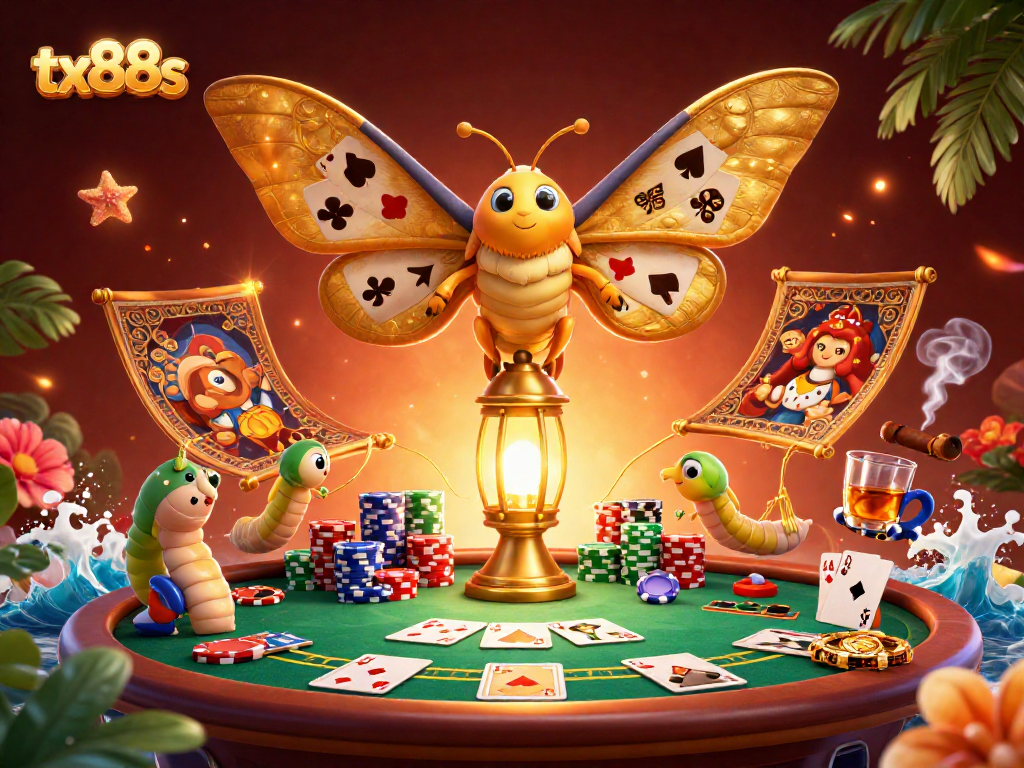 Engage with tx88s in this vibrant casino scene showcasing poker chips, a royal flush, and unique 3D characters.