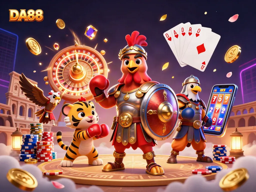 Engage in thrilling bets at DA88 with dynamic casino action featuring colorful characters and gaming elements.