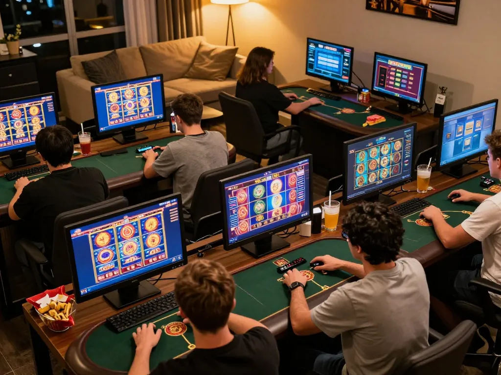 Players enjoying online casino games on their devices, highlighting the da88 gaming experience in a cozy home setup.