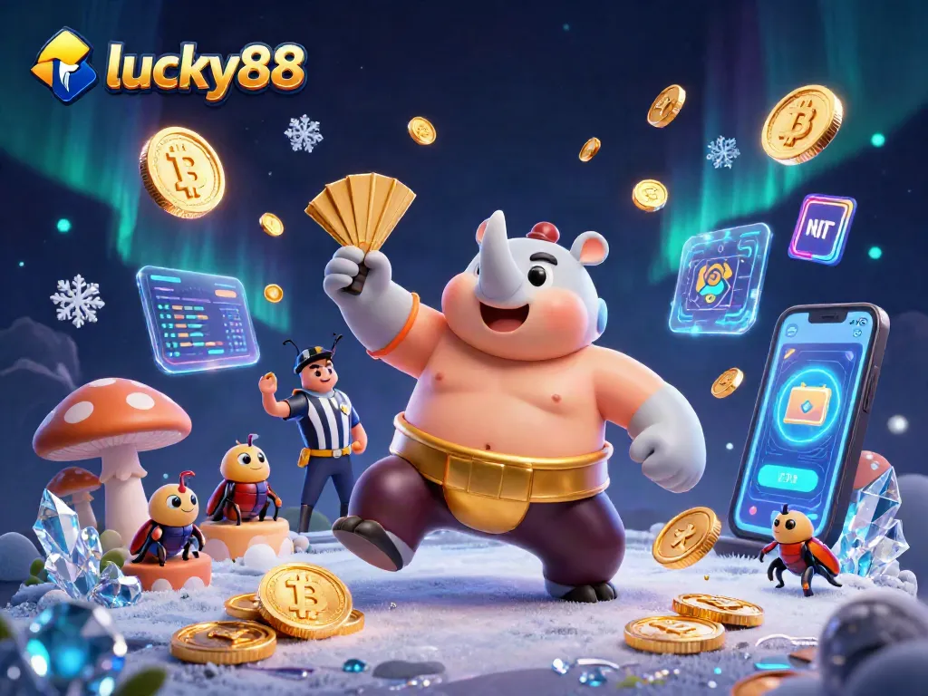 Experience the thrilling sumo match at lucky88 with 3D characters and vibrant coins scattered.