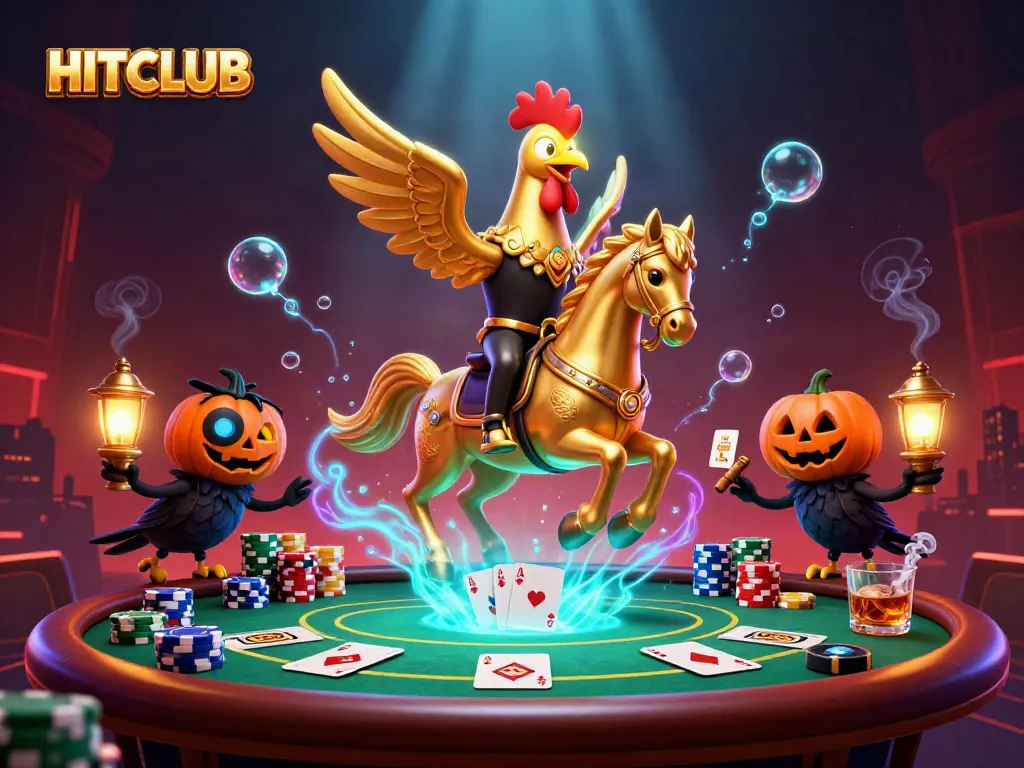 Experience HITCLUB gaming excitement with a golden rooster and friends in a vibrant casino.