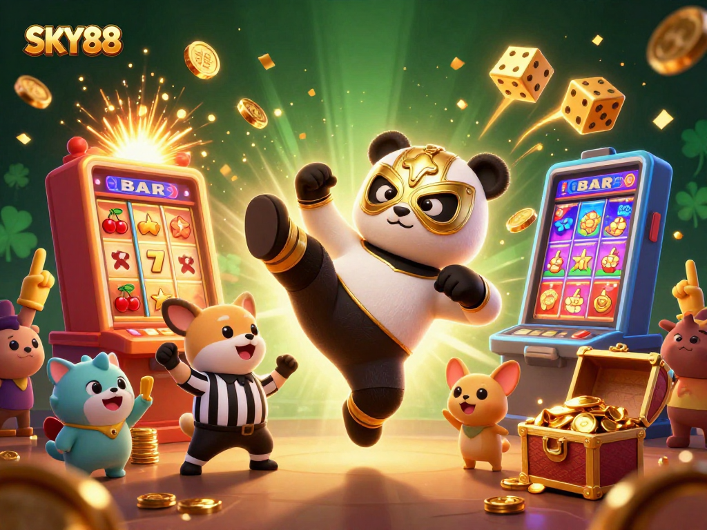 Win big with SKY88 at an exciting casino scene featuring engaging cartoon elements.