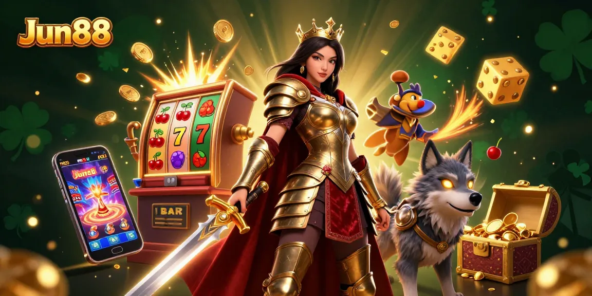 Engage in thrilling gameplay at Jun88 with a striking warrior queen leading a vibrant casino scene filled with jackpots and excitement.