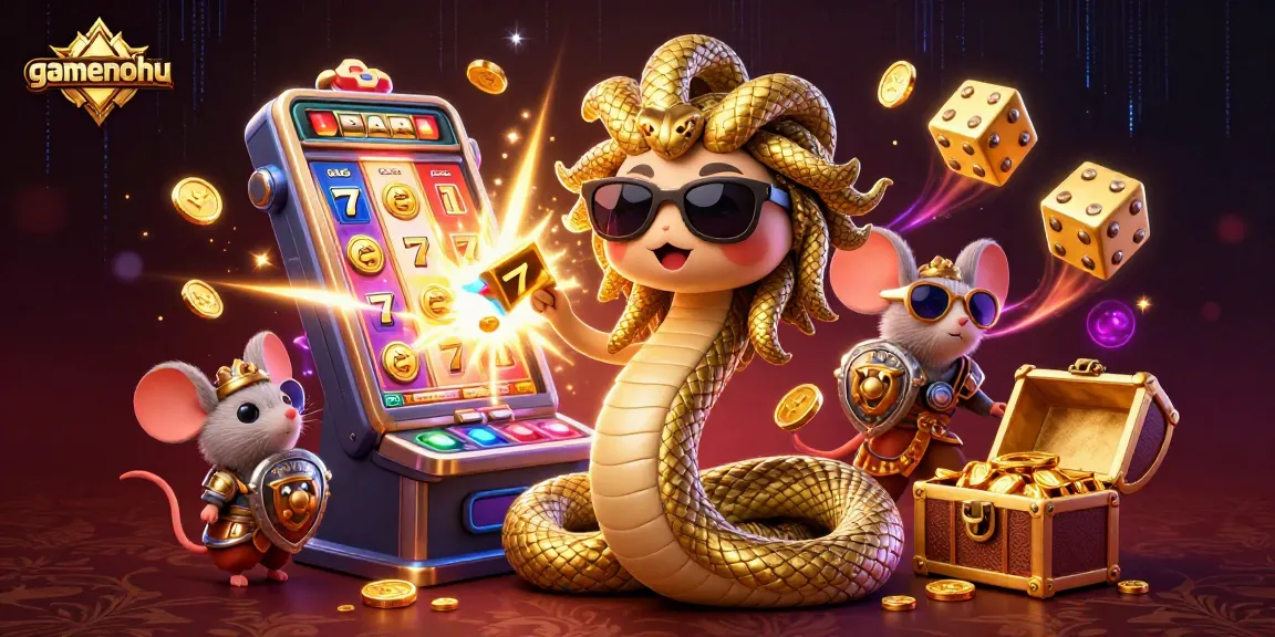 Gamenohu showcases a vibrant 3D illustration of slot machines and casino excitement, bursting with jackpots.