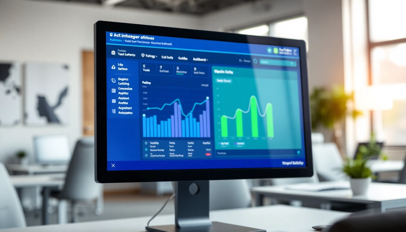 Showcase dynamic call centre software with vibrant interface in an office setting.