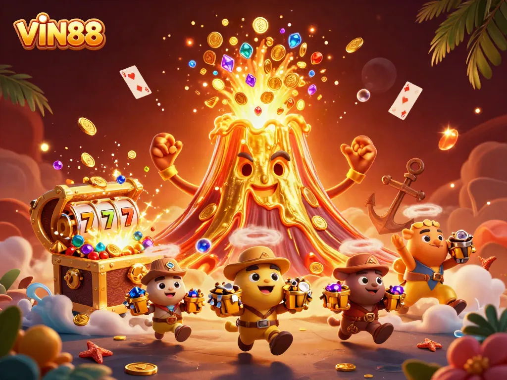 Experience thrilling wins at VIN88 with vibrant casino elements in a dynamic and lively 3D illustration.
