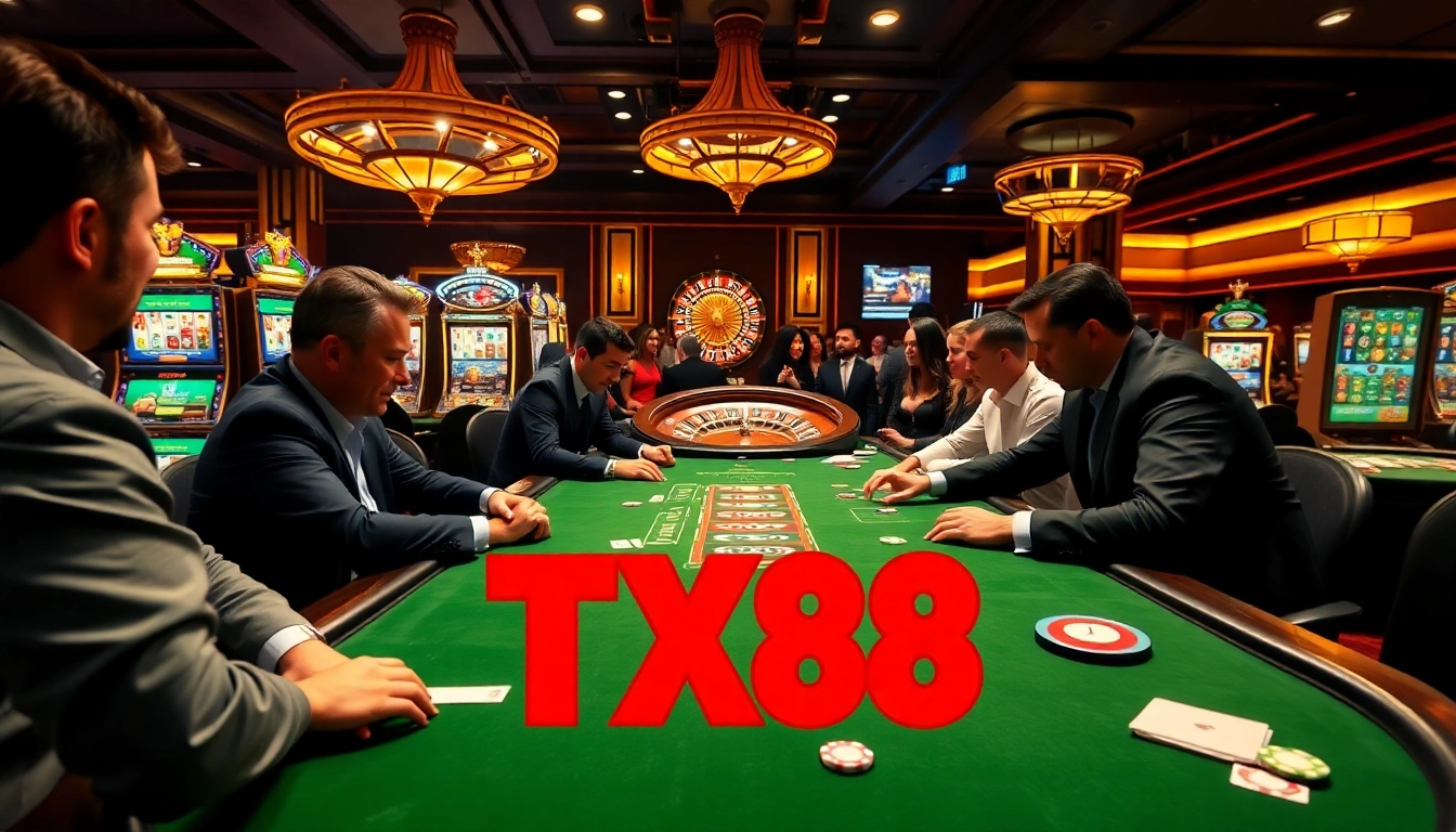 TX88 poker action with professional players at a vibrant casino table surrounded by excitement.