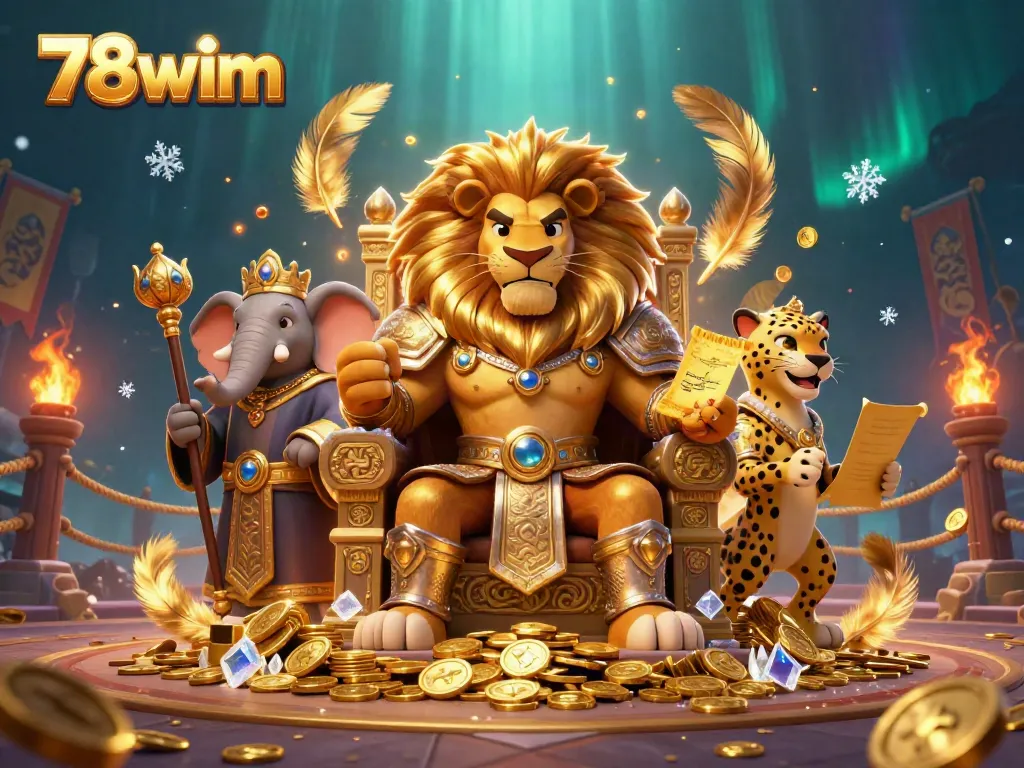 Experience thrilling gameplay at 78wim with a lion king and majestic characters in a vibrant casino scene.