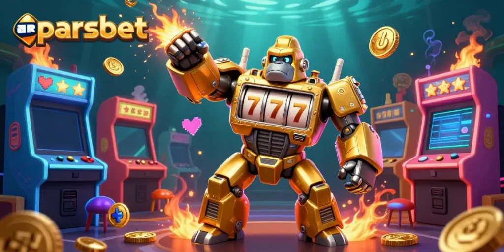 Experience the thrill of parsbet with a dynamic golden gorilla mech bursting with coins in a vibrant casino scene.