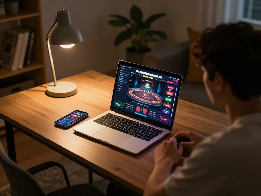 Engaged player enjoying online gambling at home on nhà cái bet88 setup with laptop and betting app.